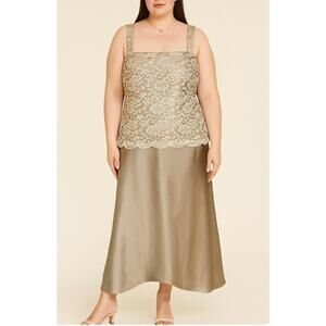 Coldwater Creek gold maxi dress lace top metalic sparkle SZ 14 Formal gown